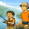 子供にの釣りを見守る
