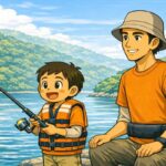 子供にの釣りを見守る