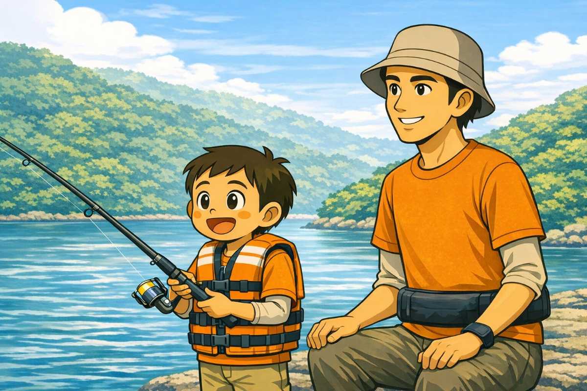 子供にの釣りを見守る